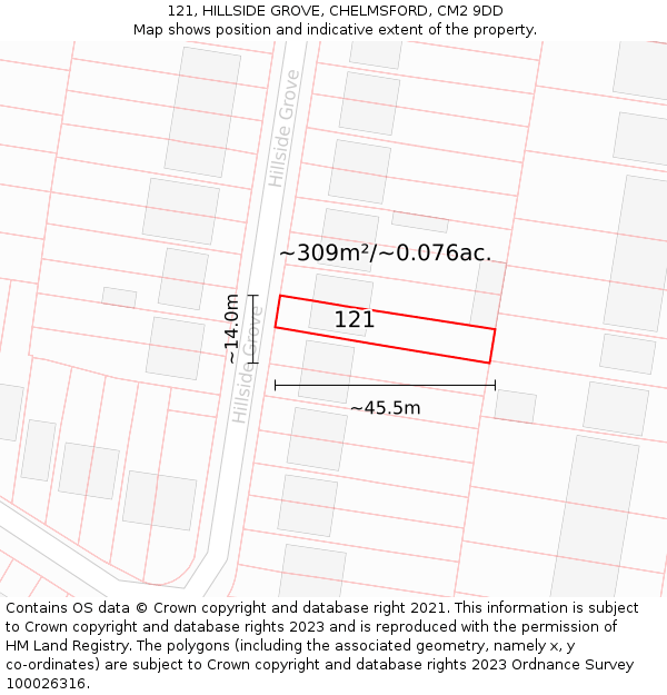 121, HILLSIDE GROVE, CHELMSFORD, CM2 9DD: Plot and title map