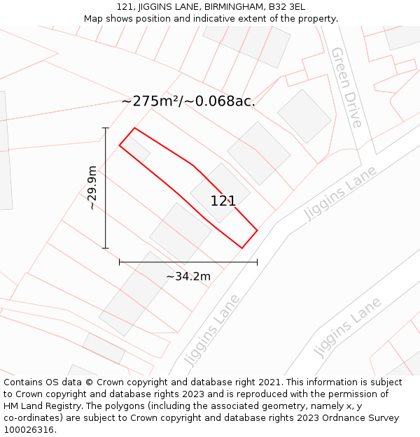 121, JIGGINS LANE, BIRMINGHAM, B32 3EL: Plot and title map