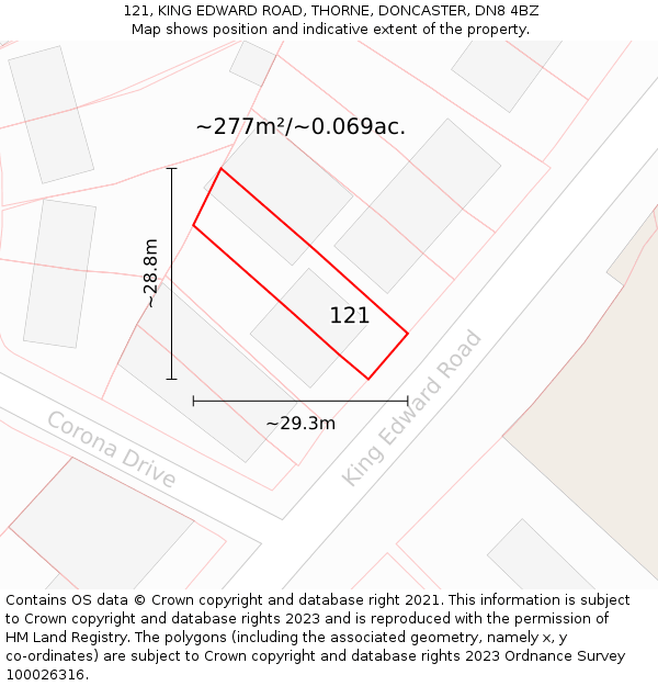 121, KING EDWARD ROAD, THORNE, DONCASTER, DN8 4BZ: Plot and title map