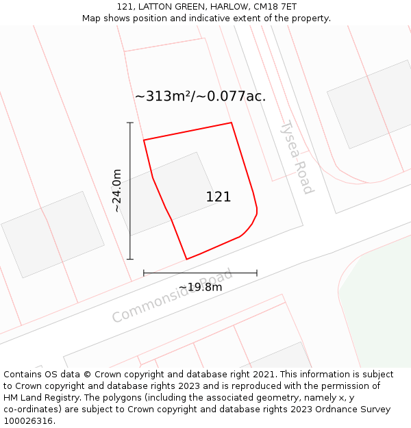 121, LATTON GREEN, HARLOW, CM18 7ET: Plot and title map