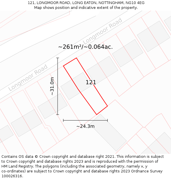 121, LONGMOOR ROAD, LONG EATON, NOTTINGHAM, NG10 4EG: Plot and title map