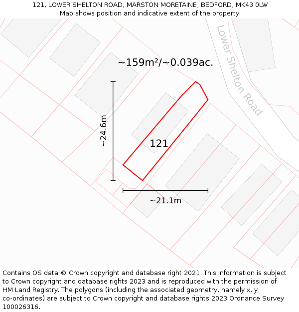 121, LOWER SHELTON ROAD, MARSTON MORETAINE, BEDFORD, MK43 0LW: Plot and title map