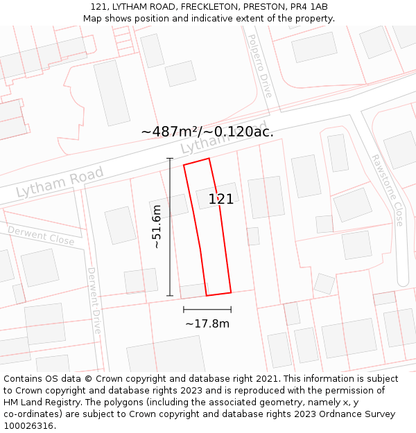 121, LYTHAM ROAD, FRECKLETON, PRESTON, PR4 1AB: Plot and title map