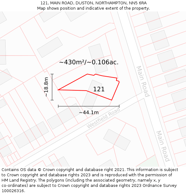 121, MAIN ROAD, DUSTON, NORTHAMPTON, NN5 6RA: Plot and title map