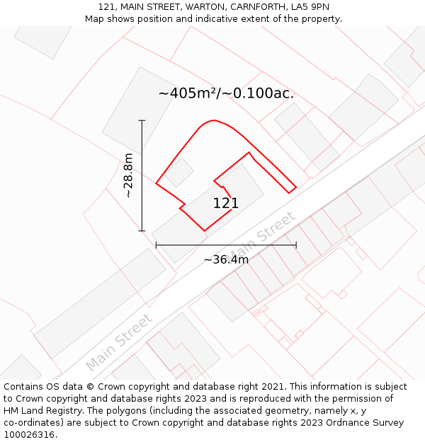 121, MAIN STREET, WARTON, CARNFORTH, LA5 9PN: Plot and title map