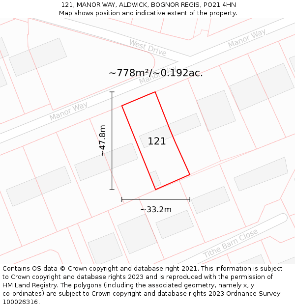 121, MANOR WAY, ALDWICK, BOGNOR REGIS, PO21 4HN: Plot and title map