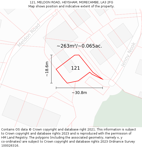 121, MELDON ROAD, HEYSHAM, MORECAMBE, LA3 2FG: Plot and title map