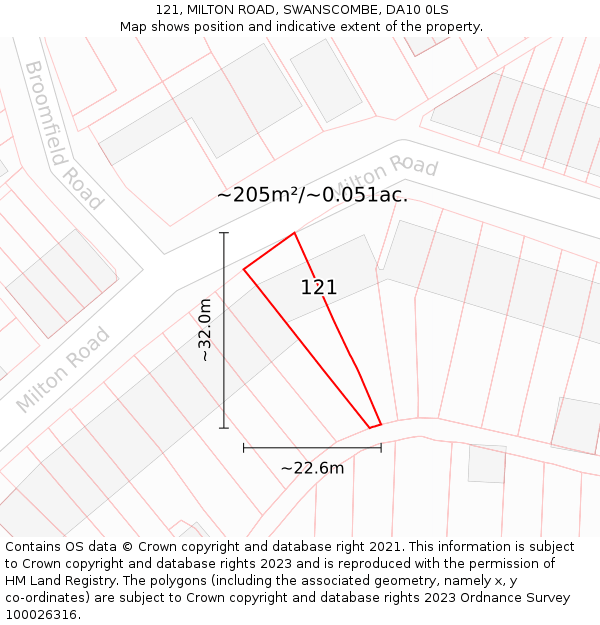 121, MILTON ROAD, SWANSCOMBE, DA10 0LS: Plot and title map