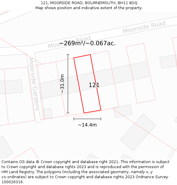 121, MOORSIDE ROAD, BOURNEMOUTH, BH11 8DQ: Plot and title map