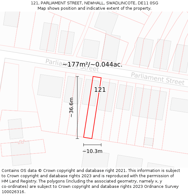 121, PARLIAMENT STREET, NEWHALL, SWADLINCOTE, DE11 0SG: Plot and title map