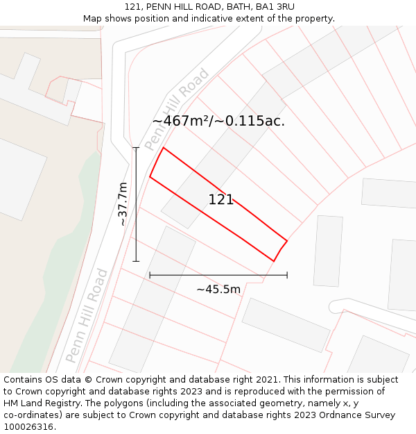 121, PENN HILL ROAD, BATH, BA1 3RU: Plot and title map