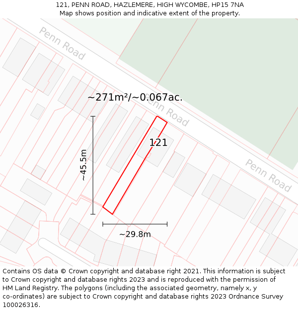 121, PENN ROAD, HAZLEMERE, HIGH WYCOMBE, HP15 7NA: Plot and title map