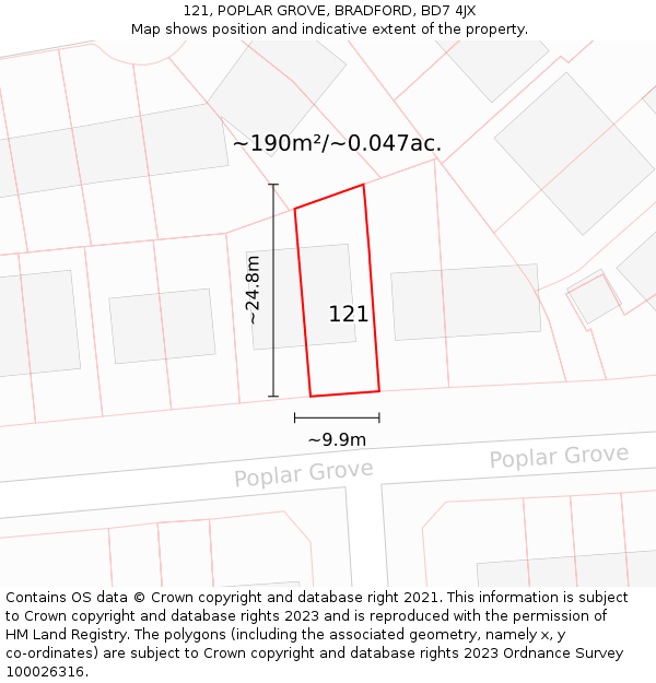121, POPLAR GROVE, BRADFORD, BD7 4JX: Plot and title map