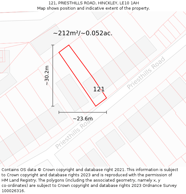 121, PRIESTHILLS ROAD, HINCKLEY, LE10 1AH: Plot and title map