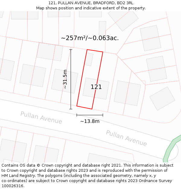 121, PULLAN AVENUE, BRADFORD, BD2 3RL: Plot and title map
