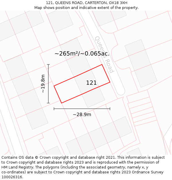 121, QUEENS ROAD, CARTERTON, OX18 3XH: Plot and title map