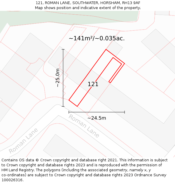 121, ROMAN LANE, SOUTHWATER, HORSHAM, RH13 9AF: Plot and title map