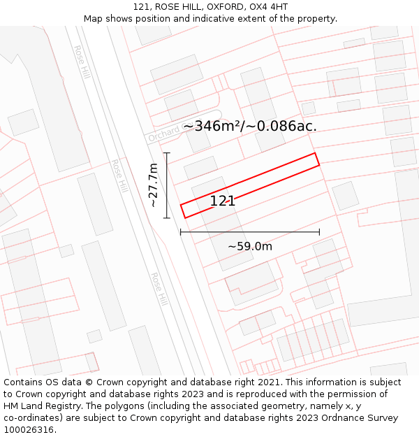 121, ROSE HILL, OXFORD, OX4 4HT: Plot and title map