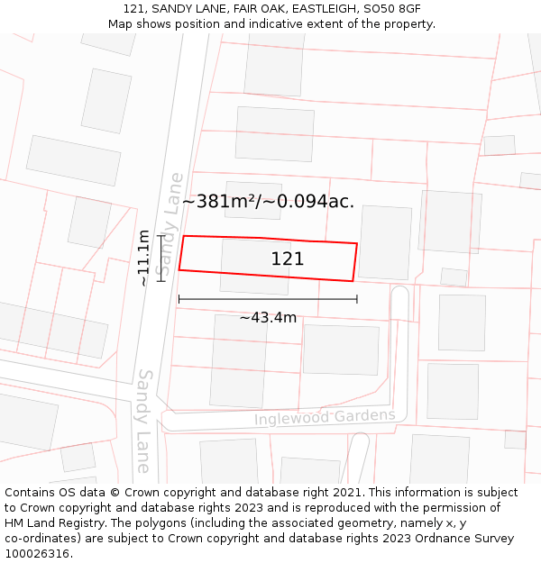 121, SANDY LANE, FAIR OAK, EASTLEIGH, SO50 8GF: Plot and title map