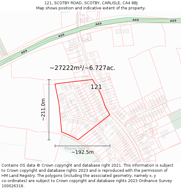 121, SCOTBY ROAD, SCOTBY, CARLISLE, CA4 8BJ: Plot and title map