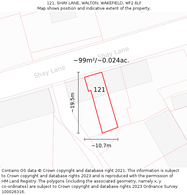 121, SHAY LANE, WALTON, WAKEFIELD, WF2 6LF: Plot and title map