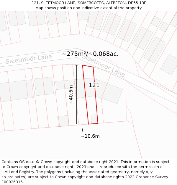 121, SLEETMOOR LANE, SOMERCOTES, ALFRETON, DE55 1RE: Plot and title map