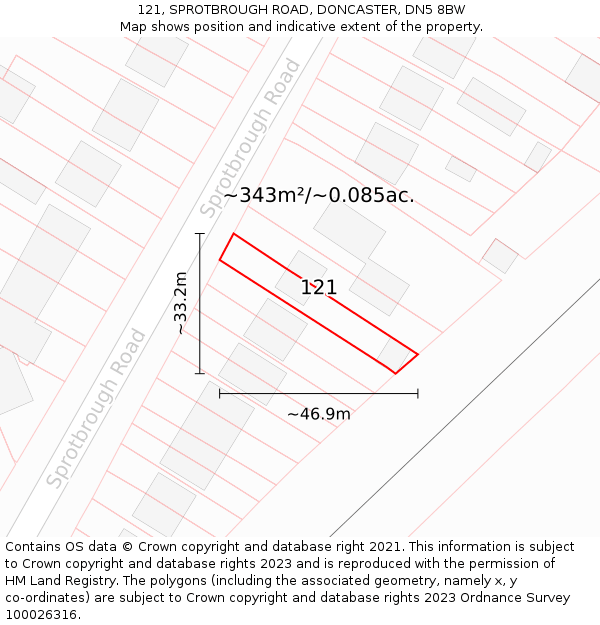 121, SPROTBROUGH ROAD, DONCASTER, DN5 8BW: Plot and title map
