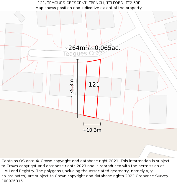 121, TEAGUES CRESCENT, TRENCH, TELFORD, TF2 6RE: Plot and title map