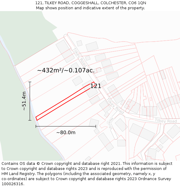 121, TILKEY ROAD, COGGESHALL, COLCHESTER, CO6 1QN: Plot and title map