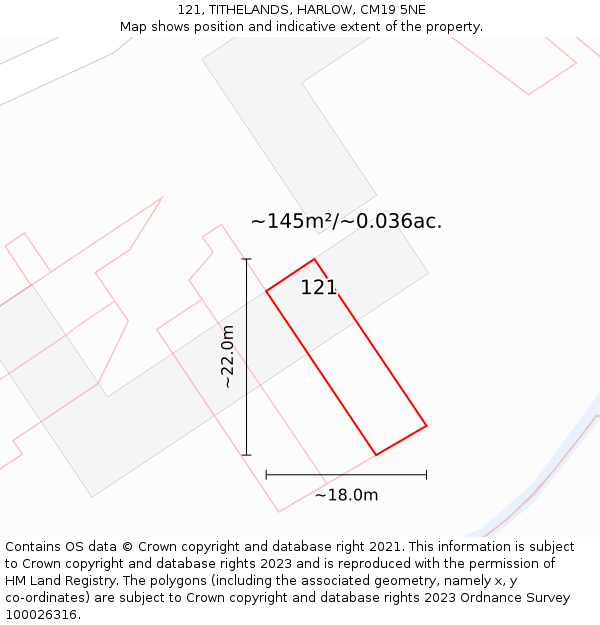 121, TITHELANDS, HARLOW, CM19 5NE: Plot and title map