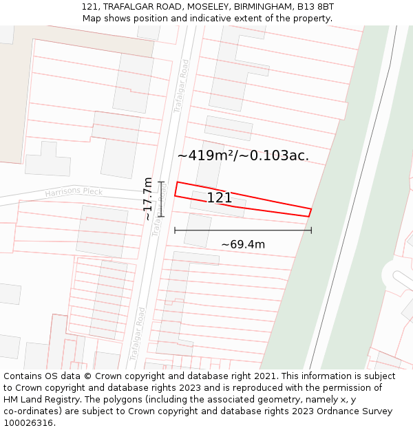 121, TRAFALGAR ROAD, MOSELEY, BIRMINGHAM, B13 8BT: Plot and title map