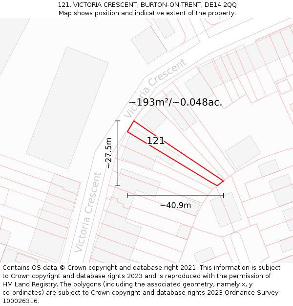 121, VICTORIA CRESCENT, BURTON-ON-TRENT, DE14 2QQ: Plot and title map