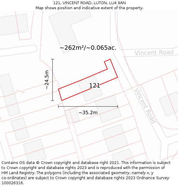 121, VINCENT ROAD, LUTON, LU4 9AN: Plot and title map