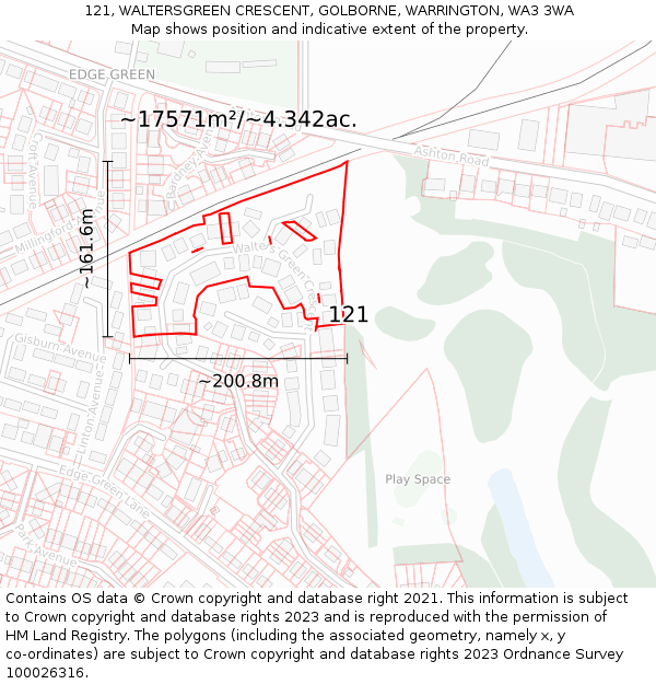 121, WALTERSGREEN CRESCENT, GOLBORNE, WARRINGTON, WA3 3WA: Plot and title map