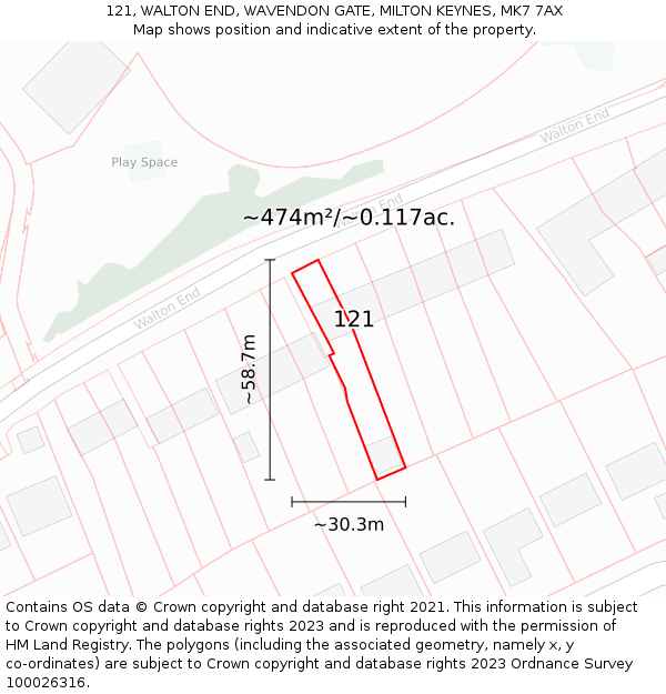 121, WALTON END, WAVENDON GATE, MILTON KEYNES, MK7 7AX: Plot and title map