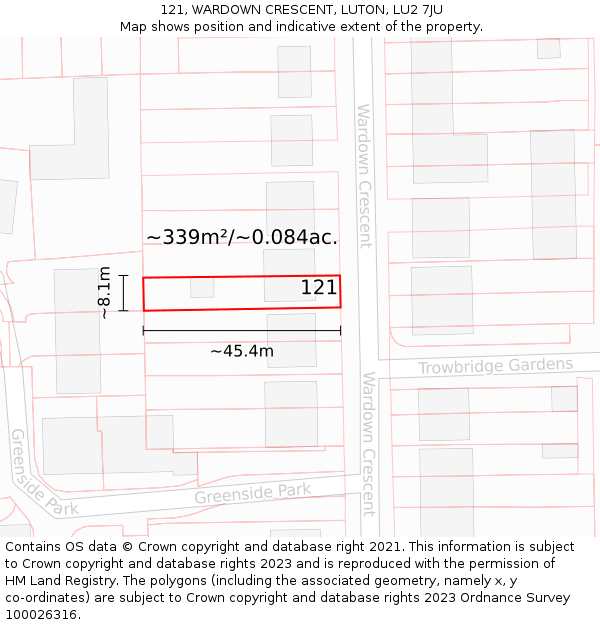 121, WARDOWN CRESCENT, LUTON, LU2 7JU: Plot and title map