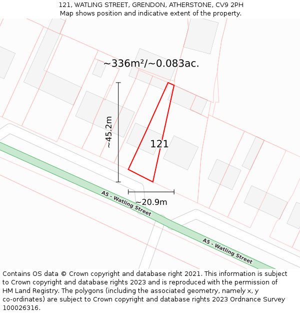 121, WATLING STREET, GRENDON, ATHERSTONE, CV9 2PH: Plot and title map