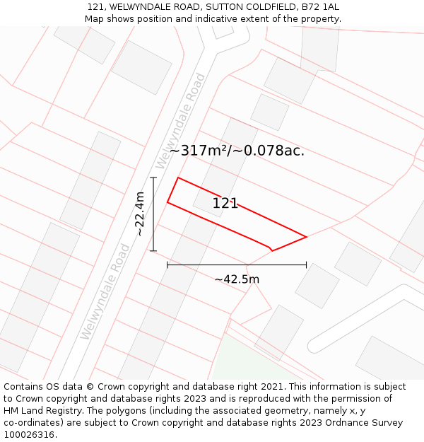 121, WELWYNDALE ROAD, SUTTON COLDFIELD, B72 1AL: Plot and title map