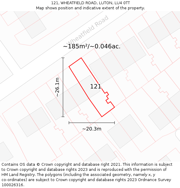 121, WHEATFIELD ROAD, LUTON, LU4 0TT: Plot and title map