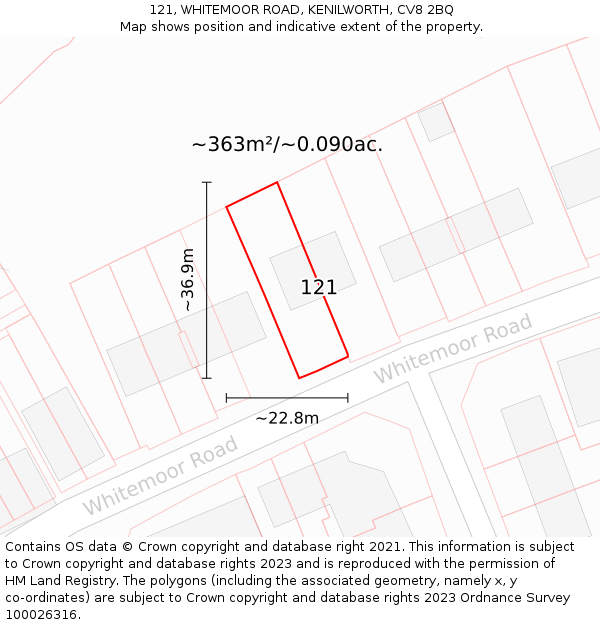 121, WHITEMOOR ROAD, KENILWORTH, CV8 2BQ: Plot and title map