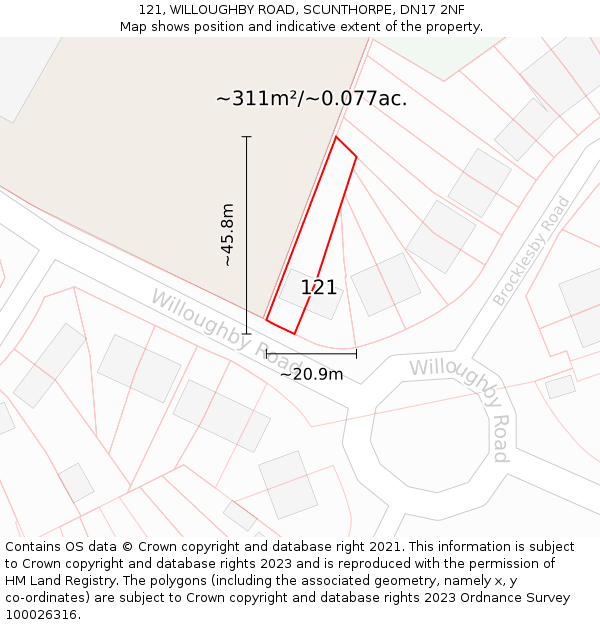 121, WILLOUGHBY ROAD, SCUNTHORPE, DN17 2NF: Plot and title map