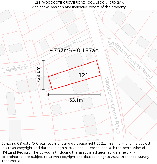 121, WOODCOTE GROVE ROAD, COULSDON, CR5 2AN: Plot and title map