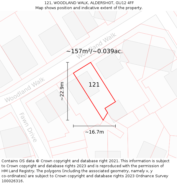 121, WOODLAND WALK, ALDERSHOT, GU12 4FF: Plot and title map