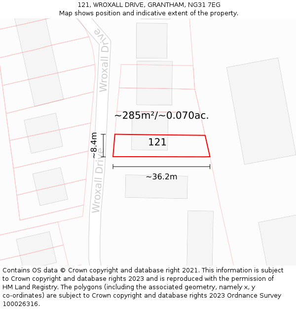 121, WROXALL DRIVE, GRANTHAM, NG31 7EG: Plot and title map