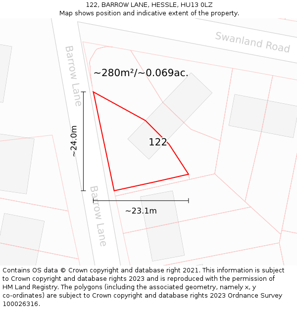 122, BARROW LANE, HESSLE, HU13 0LZ: Plot and title map