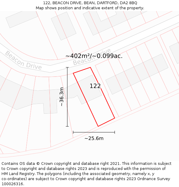 122, BEACON DRIVE, BEAN, DARTFORD, DA2 8BQ: Plot and title map