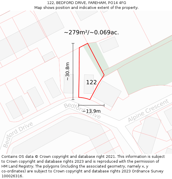 122, BEDFORD DRIVE, FAREHAM, PO14 4FG: Plot and title map