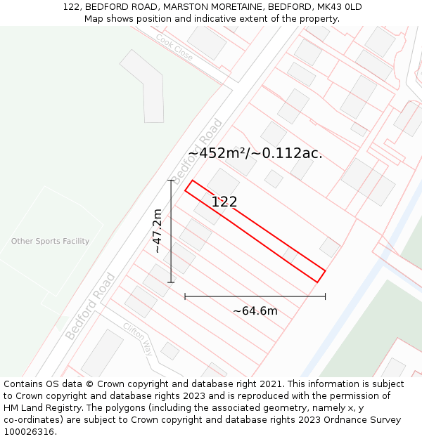122, BEDFORD ROAD, MARSTON MORETAINE, BEDFORD, MK43 0LD: Plot and title map