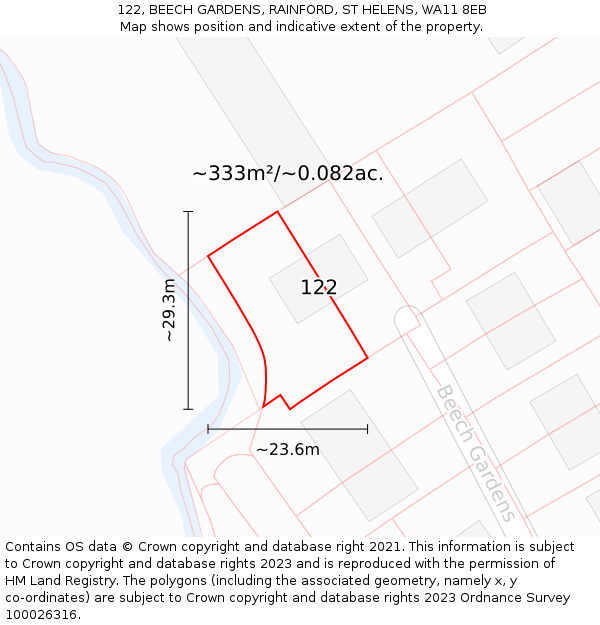 122, BEECH GARDENS, RAINFORD, ST HELENS, WA11 8EB: Plot and title map