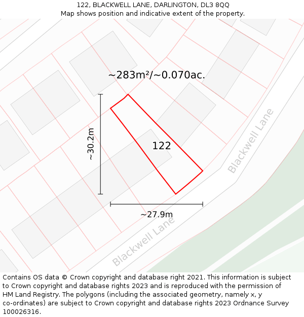 122, BLACKWELL LANE, DARLINGTON, DL3 8QQ: Plot and title map